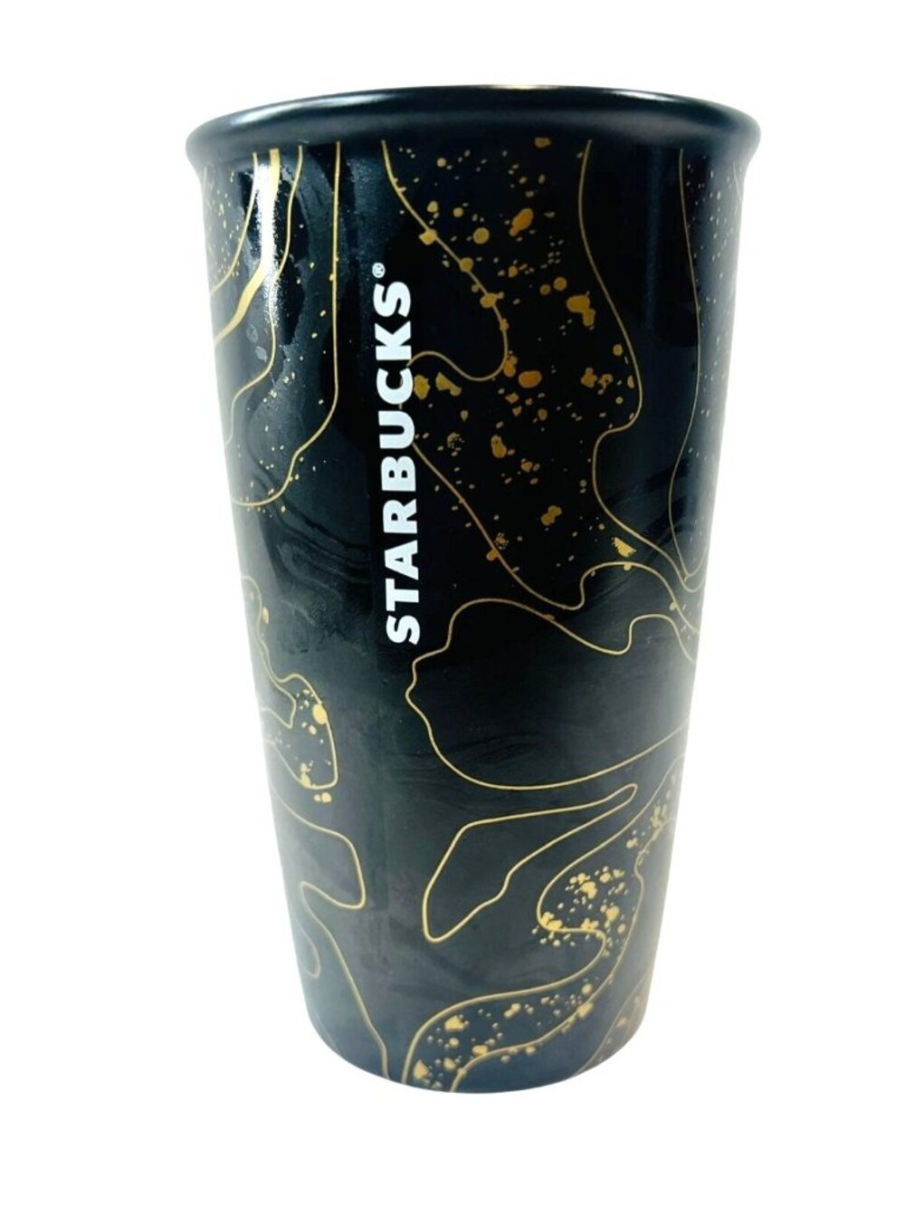 Starbucks 2018 Holiday Black Gold Splatter Swirl Ceramic Travel Mug Tumbler 12